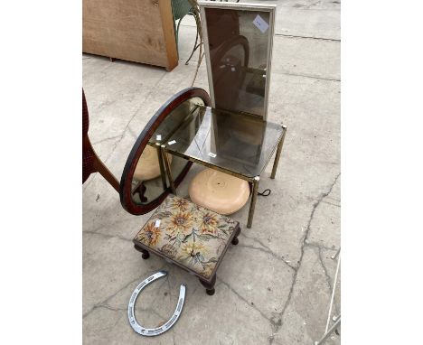 A BELLING BED WARMER, CABRIOLE LEG STOOL, GLASS TOP LAMP TABLE, TWO MIRRORS AND AN ALLOY HORSEHOE ORNAMENT 