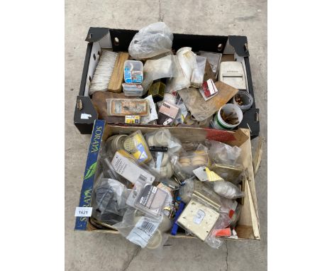 AN ASSORTMENT OF ITEMS TO INCLUDE NAILS, BRUSHES AND LIGHT SWITCHES ETC 