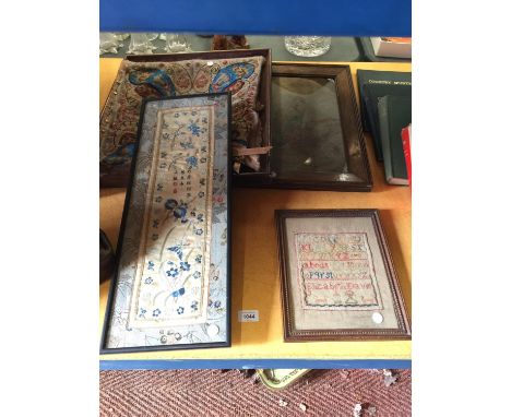 A FRAMED ORIENTAL STYLE NEEDLEPOINT, A VINTAGE NEEDLEPOINT BY ELIZABETH DAVIE, ETC 