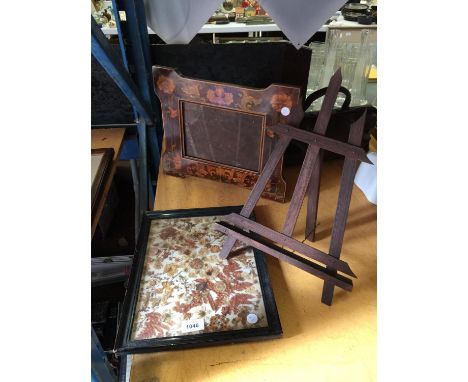 A VINTAGE INLAID WOODEN PHOTO FRAME, MUSIC STAND AND FRAMED PRESSED FLOWERS 