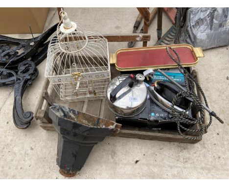 AN ASSORTMENT OF ITEMS TO INCLUDE A CAST IRON GUTTER HOPPER, A BIRD CAGE AND A POTATO SPRITTING BOX ETC 