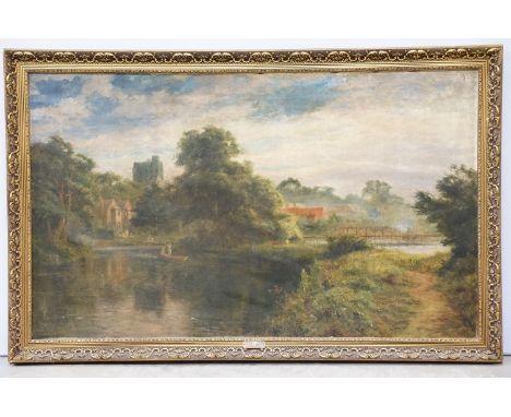 English School, rural river scene with figures and boats on the water, oil on canvas, indistinctly signed lower right, plaque