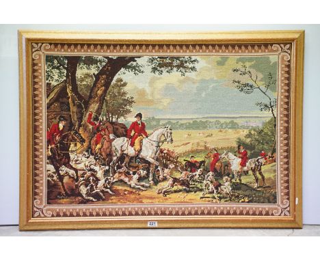 Tapestry panel depicting huntsmen and hounds in an extensive landscape with a country house in the distance, 69 x 102cm, gilt