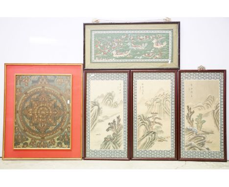 Eastern School, geometric design decorated with repeating figures, watercolour heightened with gilt on silk, 51 x 38.5cm, fra