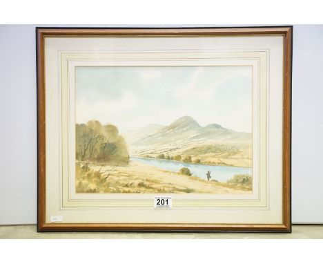 R B Higgins, fishing scene, watercolour, signed lower left, 26.5 x 36.5cm, framed and glazed 