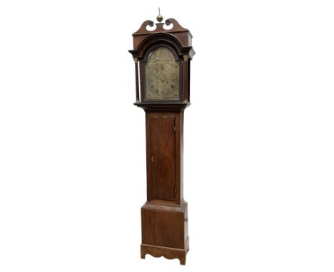 8 day mahogany longcase clock c1790 - with a swans neck box top and brass finial above a break arch pediment and hood door, f