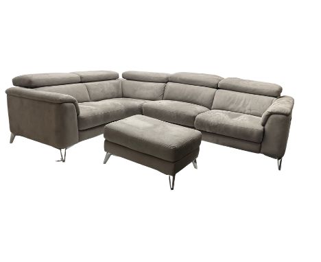 Contemporary four seat corner sofa, adjustable head rests and reclining function, upholstered in grey suede fabric, on chrome