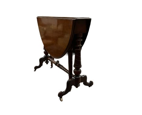 Victorian walnut drop-leaf Sutherland table, oval top with moulded edge, double gate-leg action, raised on turned and spiral 