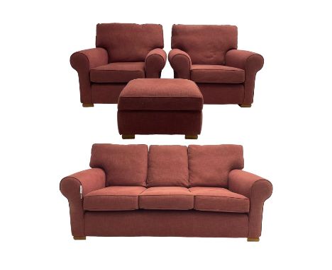 Multiyork - traditional three seat sofa upholstered in claret red fabric (W200cm H80cm); and pair matching armchairs (W103cm)