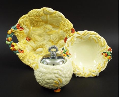 Three pieces of Clarice Cliff 'Celtic Harvest' to include a preserve pot with electroplated cover, single handled dish and a 
