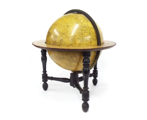 Newton's New and Improved Celestial Globe, 12" globe in a frame upon three turned legs united by stretchers, 20" in total