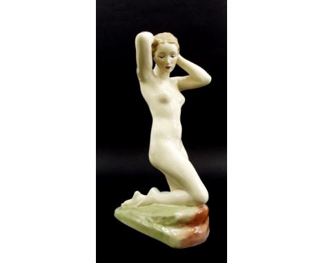 Czechoslovakian porcelain figure of a kneeling nude, indistinctly signed R. Karsbach? and inscribed Czechoslovakia to base, 1