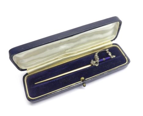 Fine quality novelty pin in the form of a sword, with a blue enamel grip, rose cut diamond guard and cultured pearl pommel, 4