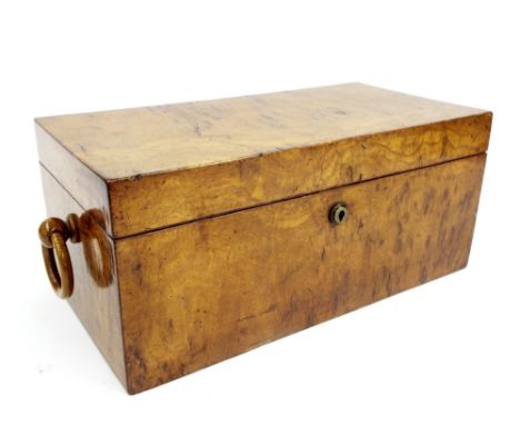 Pollard oak twin handled tea caddy, the hinged lid enclosing a fitted interior with two lidded compartments and circular rece