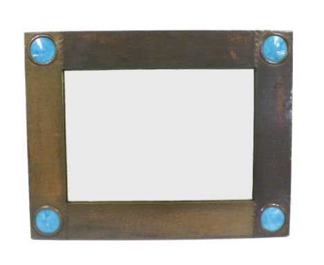 Good Arts &amp; Crafts Liberty of London wall mirror of rectangular form with planished copper frame, fitted with powder blue