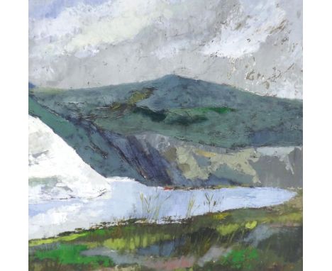 Edward Callam (1904-1980) - Lakeside mountainous landscape, signed, mixed media on board, 15.5" x 15.5"