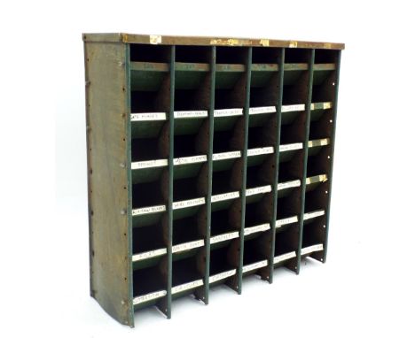 Vintage industrial - set of green painted pigeonholes, 37" high, 36.5" wide