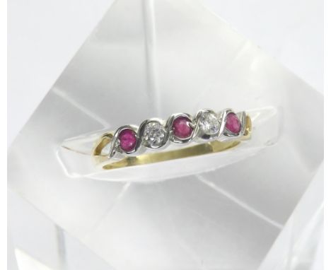9ct ruby and diamond five stone half eternity ring, ring size N