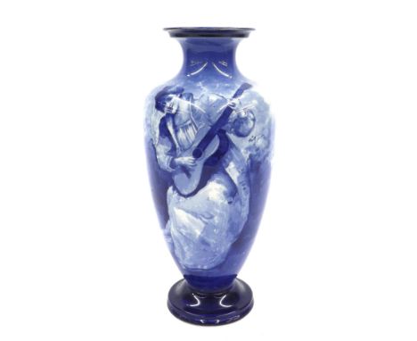 Doulton Burslem 'Blue Children' series ware baluster vase depicting a young lady playing a classical guitar, printed factory 