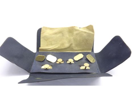 9ct yellow gold gentleman's stud set in a blue leather case, comprising a pair of plain cufflinks and four studs