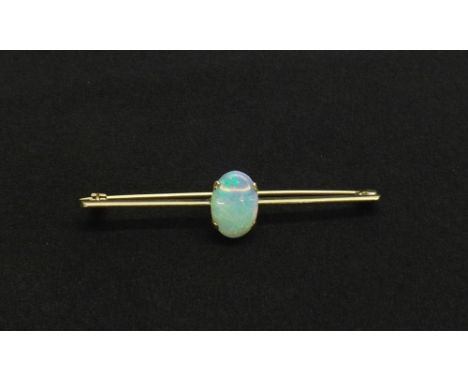 Gold mounted opal bar brooch, the opal 13mm x 9mm, 3.3gm, 57mm