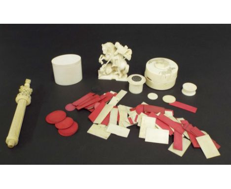 Collection of various antique ivory and bone to include lighthouse thermometer, carving of a Knight on horseback, boxes and o