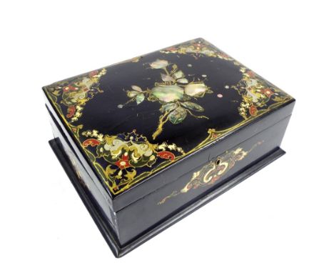 Victorian papier maché sewing box, the hinged lid inlaid with mother of pearl and gilt highlights, enclosing an interior comp