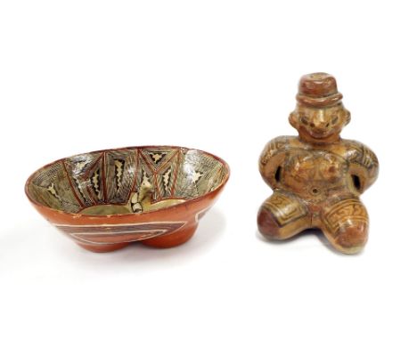Tribal interest - interesting twin vessel bowl centrally decorated in relief with a snake, 6.25" wide; together with a furthe