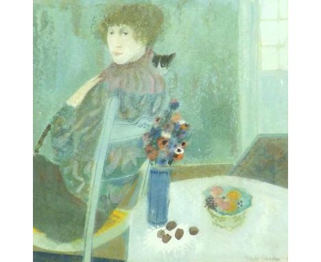 Brenda Lenaghan RSW (b. 1941, Scottish) - Study of a seated lady with a cat on her shoulder beside a table with flowers and f