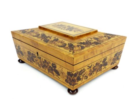 Tunbridge ware sarcophagus shaped workbox, with floral decoration to the body and floral panel to the top in satinwood surrou