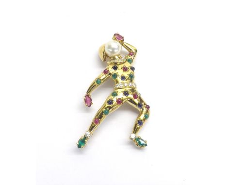 Ludwig Muller, Geneva 18k yellow gold theatrical figural brooch, finely set with a single cultured pearl, round-brilliant cut