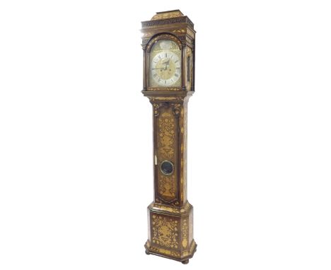 Walnut Dutch marquetry style eight day longcase clock, the 13" brass arched dial unsigned, with silvered chapter ring enclosi