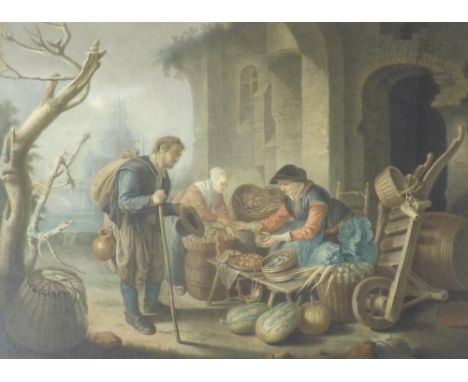 Dutch School (18th century) - A lady selling vegetables to a young girl, a man standing nearby, with a wheelbarrow and basket