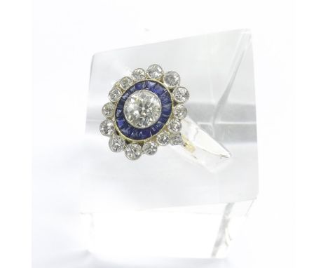 Fine quality 18ct sapphire and old cut diamond oval cluster ring, the centre round cut diamond estimated 1.03ct approx, clari