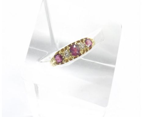 18ct ruby and diamond five stone claw set ring, Birmingham 1913, ring size O
