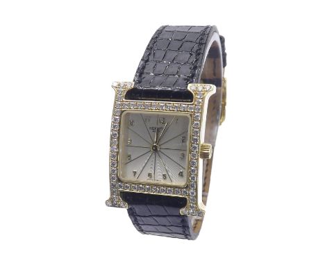 Fine Hermes 'H Hour' 18ct diamond set lady's wristwatch, ref. HH1.286, serial no. 1033481, the signed silvered guilloche enam