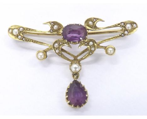 Art Nouveau gold amethyst and seed pearl brooch, 4.2gm, 39mm wide 