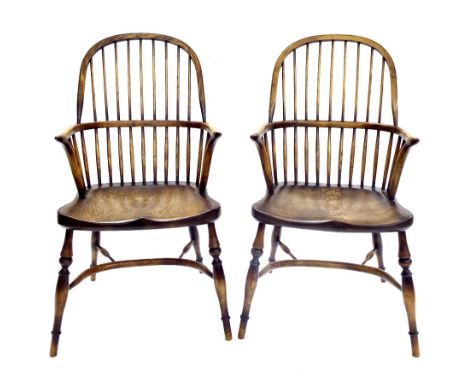 Pair of antique style Windsor stick back carver chairs, with elm seats and Carolean stretchers, 40" high, 23" wide