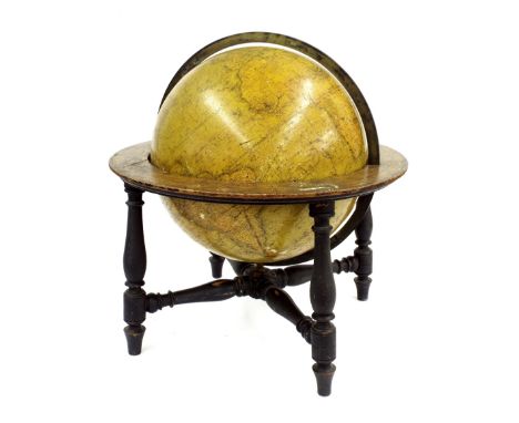 19th century Cary New Terrestrial table globe, the frame inscribed with dates and star signs, with turned baluster supports, 