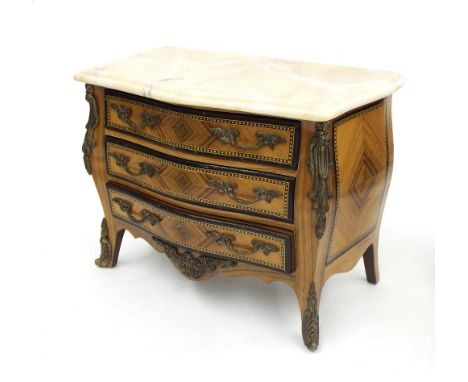 Apprentice kingwood and ormolu serpentine commode chest with marble top and three long drawers, 8" high, 10.5" wide