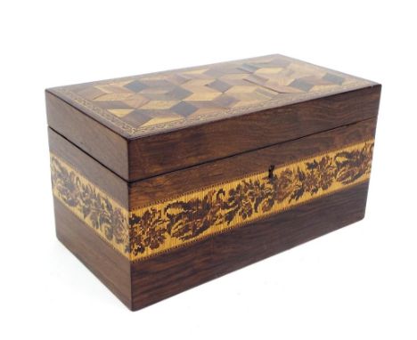 Tunbridge ware parquetry and rosewood tea caddy, the hinged lid enclosing a two-division interior, over a base fitted with a 
