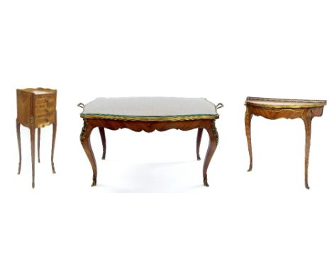 Three French kingwood veneered pieces of furniture to include ormolu mounted demi-lune console table upon cabriole legs, 32" 