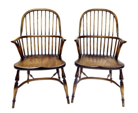 Pair of antique style Windsor stick back carver chairs, with elm seats and Carolean stretchers, 40" high, 23" wide