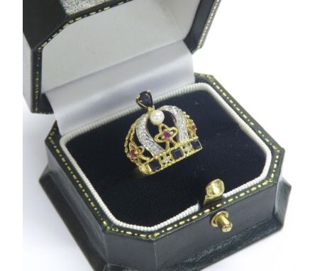 18ct yellow gold ring in the form of a crown, set with diamonds, rubies, sapphires and a single cultured pearl, 20mm, 6.4gm, 