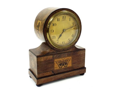 Drumhead mantel clock with Tunbridge mosaic ware butterfly panels in a rosewood surround, 7.5" high