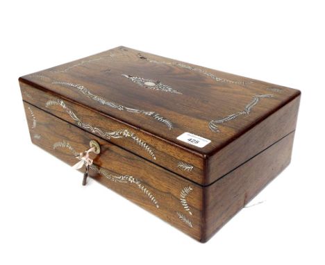 19th century rosewood and mother of pearl inlaid writing slope with coromandel interior, 16" long
