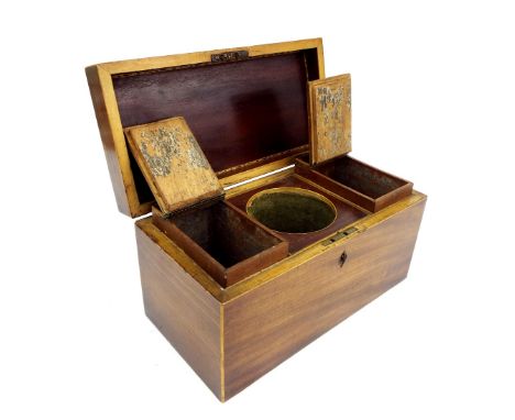 19th century mahogany tea caddy, the hinged lid enclosing a part-fitted interior with two lidded compartments and baize lined