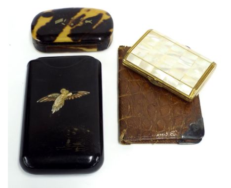 Antique tortoiseshell snuff box, the hinged lid decorated with a floral spray, 3.5" long; together with a vintage mother of p