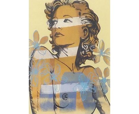 David Bromley (b. 1960) - Bust portrait of a nude with flowers, lithograph print with blind stamp seal, 12" x 8.5"