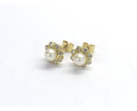 Pair of Boodles 18ct cultured pearl and round-brilliant cut diamond cluster earrings, signed, 9mm